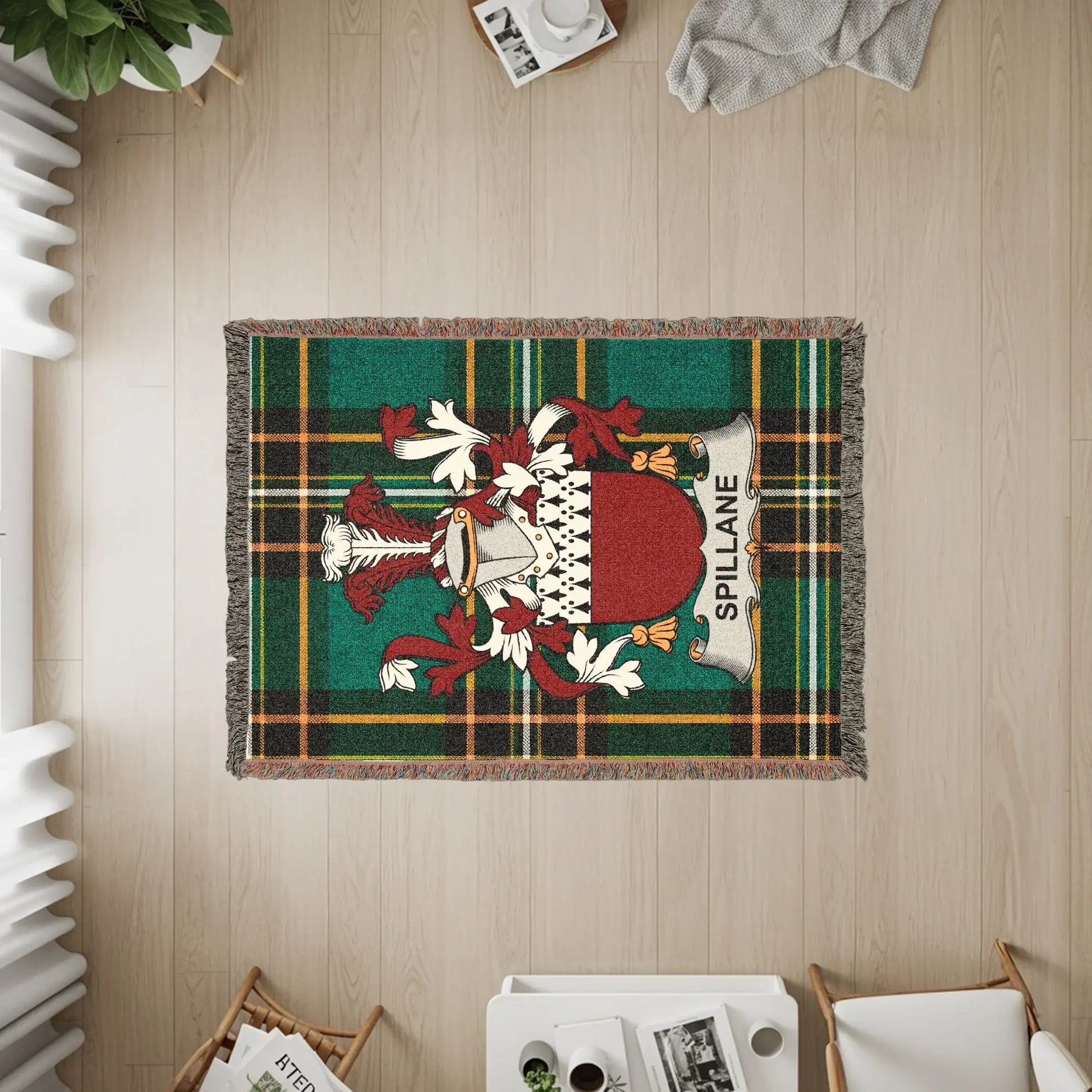 Spillane tartan rug with crest in a room setting.