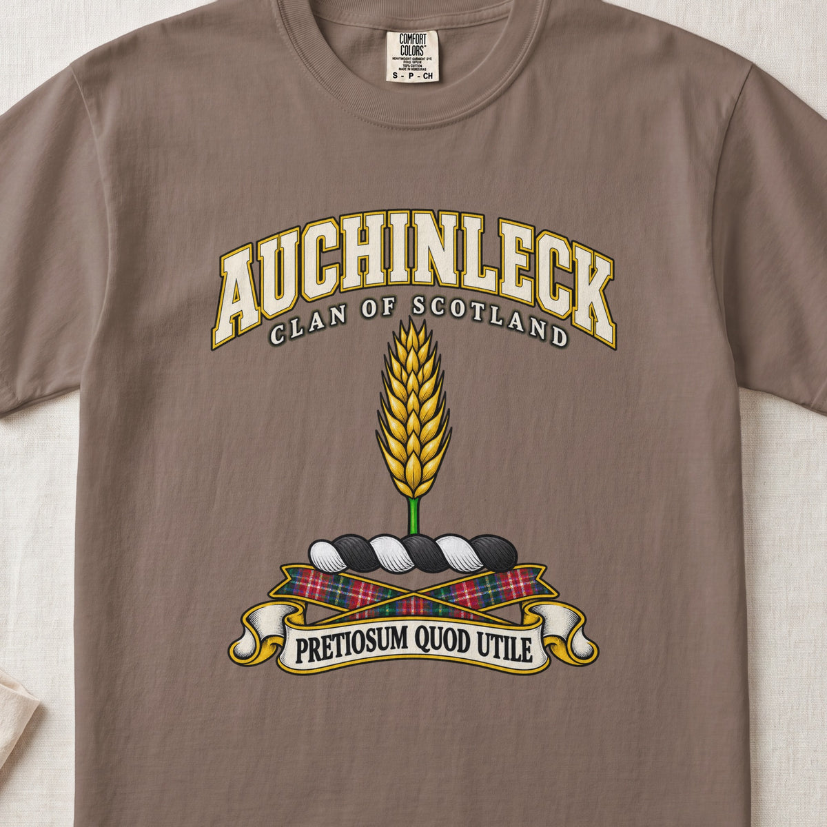 Auchinleck Scottish clan T-shirt in Espresso, front view with a golden ear of wheat and motto banner.
