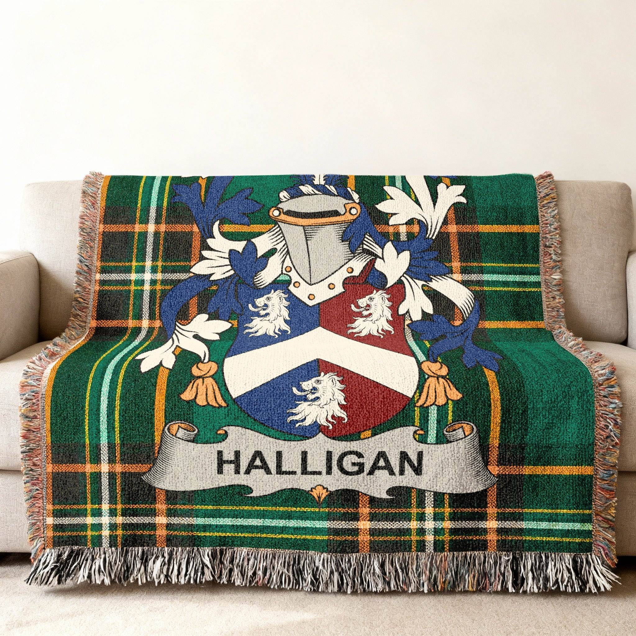 Green tartan blanket with Halligan coat of arms displayed.