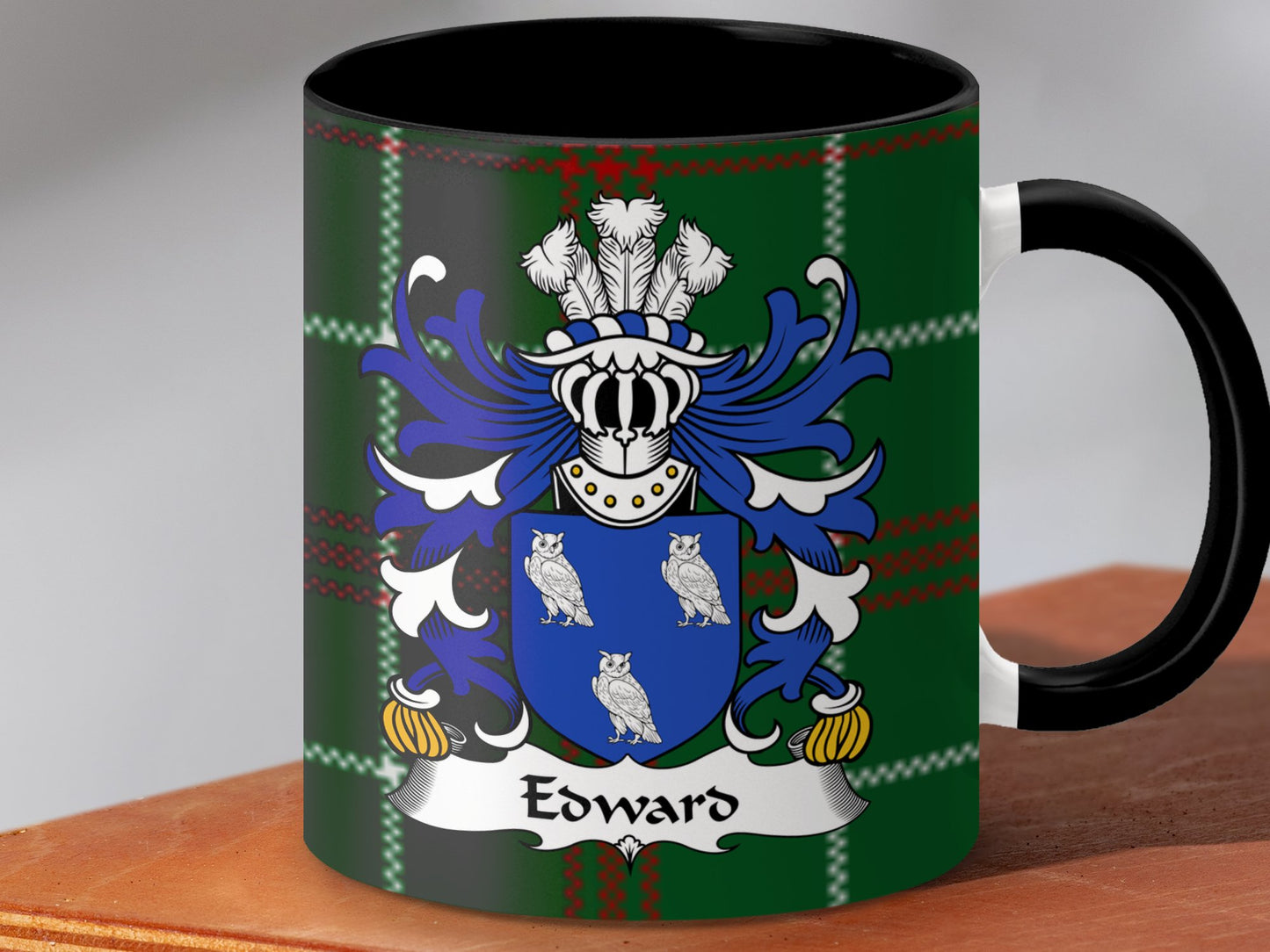 Edward Welsh Surname Coat of Arms Tartan Background Mug - Living Stone Gifts