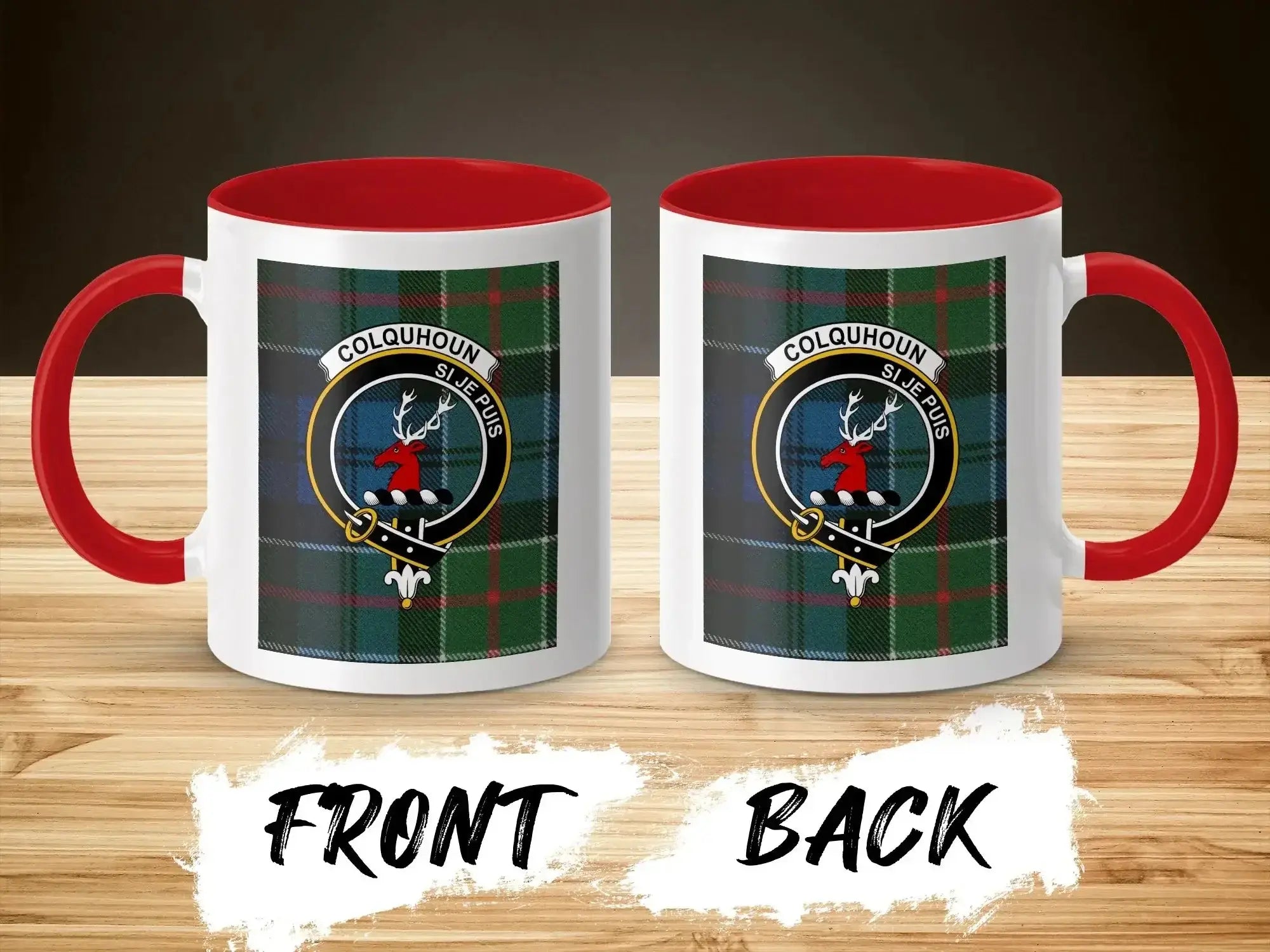 Colquhoun clan crest accent mug 11oz with red handle — Si Je Puis tartan design on ceramic
