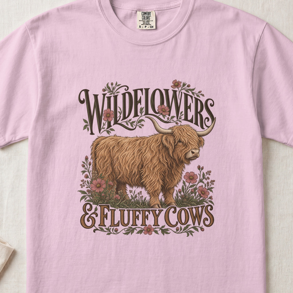 Wildflowers & Fluffy Cows Highland cow design on a Blossom Comfort Colors 1717 T-shirt, flat lay