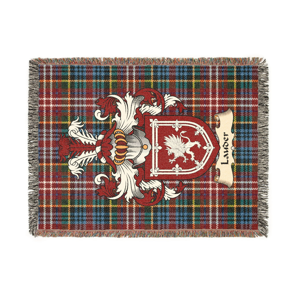 Lauder Scottish woven blanket with family shield and Caledonia tartan background