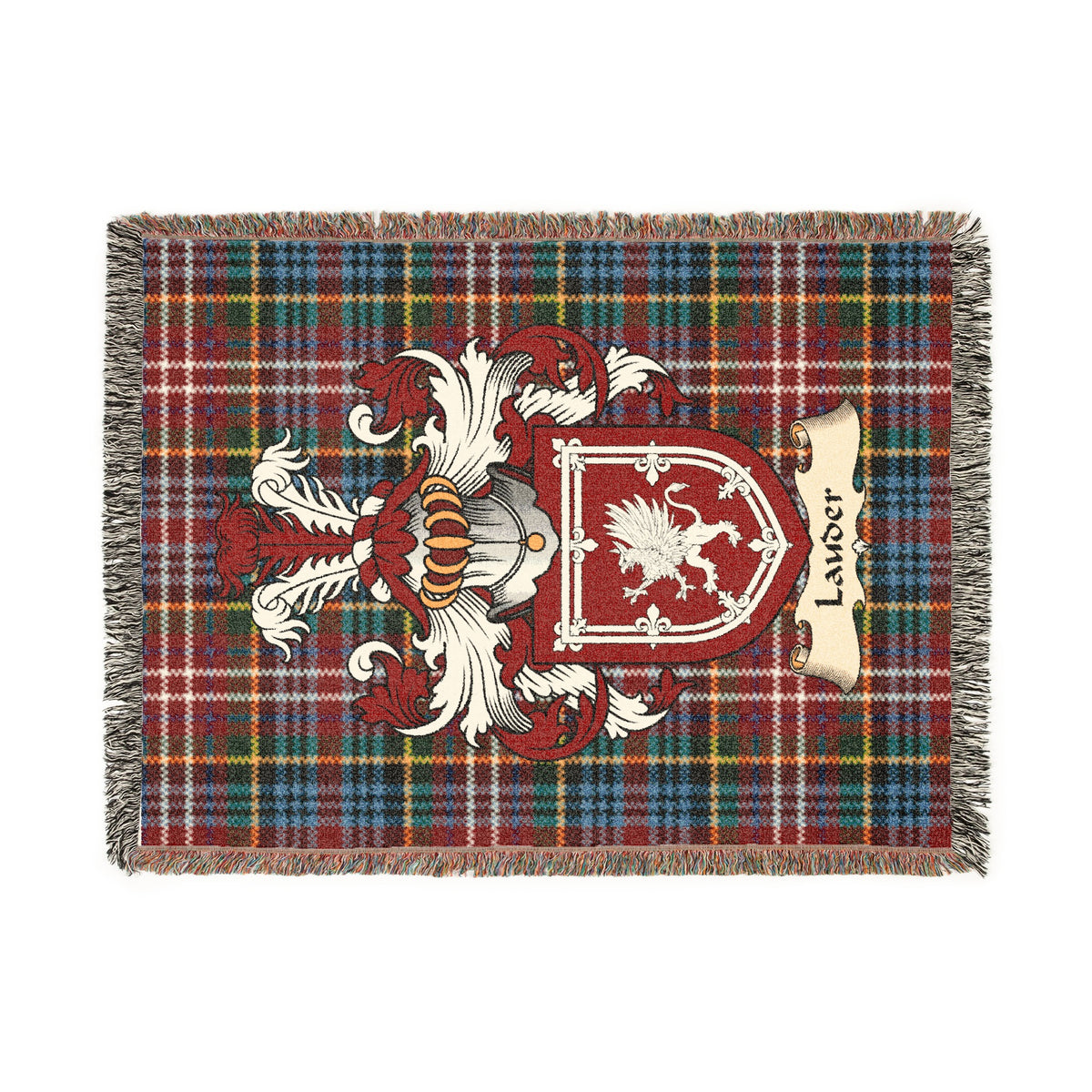 Lauder Scottish woven blanket with family shield and Caledonia tartan background