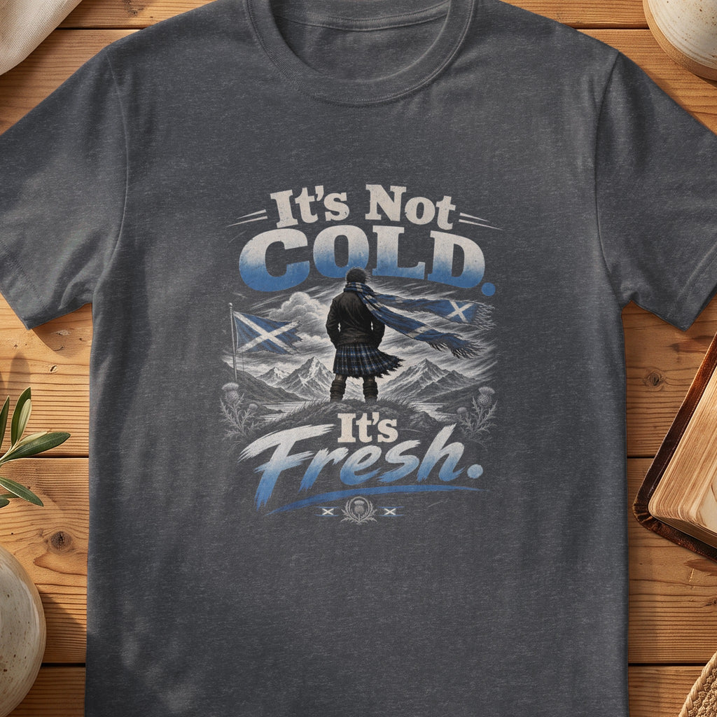 Dark grey Gildan 64000 unisex T-shirt flatlay with It's Not Cold It's Fresh Scottish graphic design