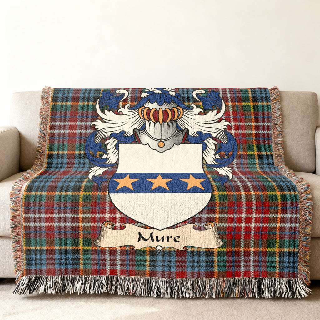 Mure Scottish family shield woven blanket on a Caledonia tartan background