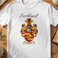 White Dempster Scottish family shield T-shirt featuring a quartered red-and-gold design crossed by a dark diagonal band