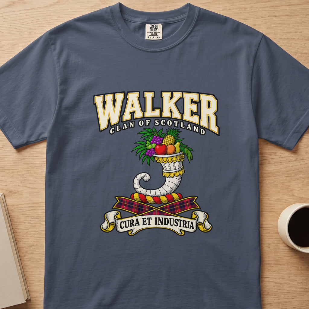 Walker clan T-shirt in slate blue, front view with curved horn filled with colorful flowers