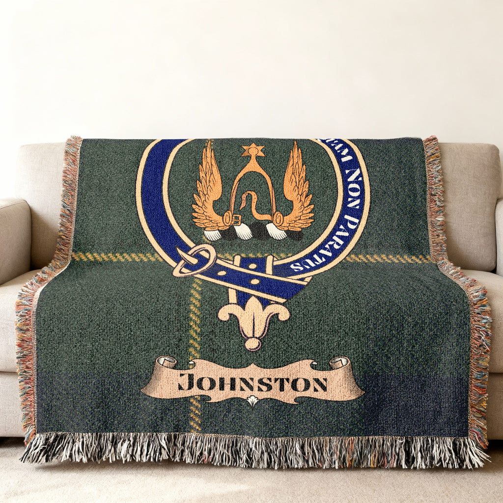 Johnston clan green tartan woven blanket with family crest