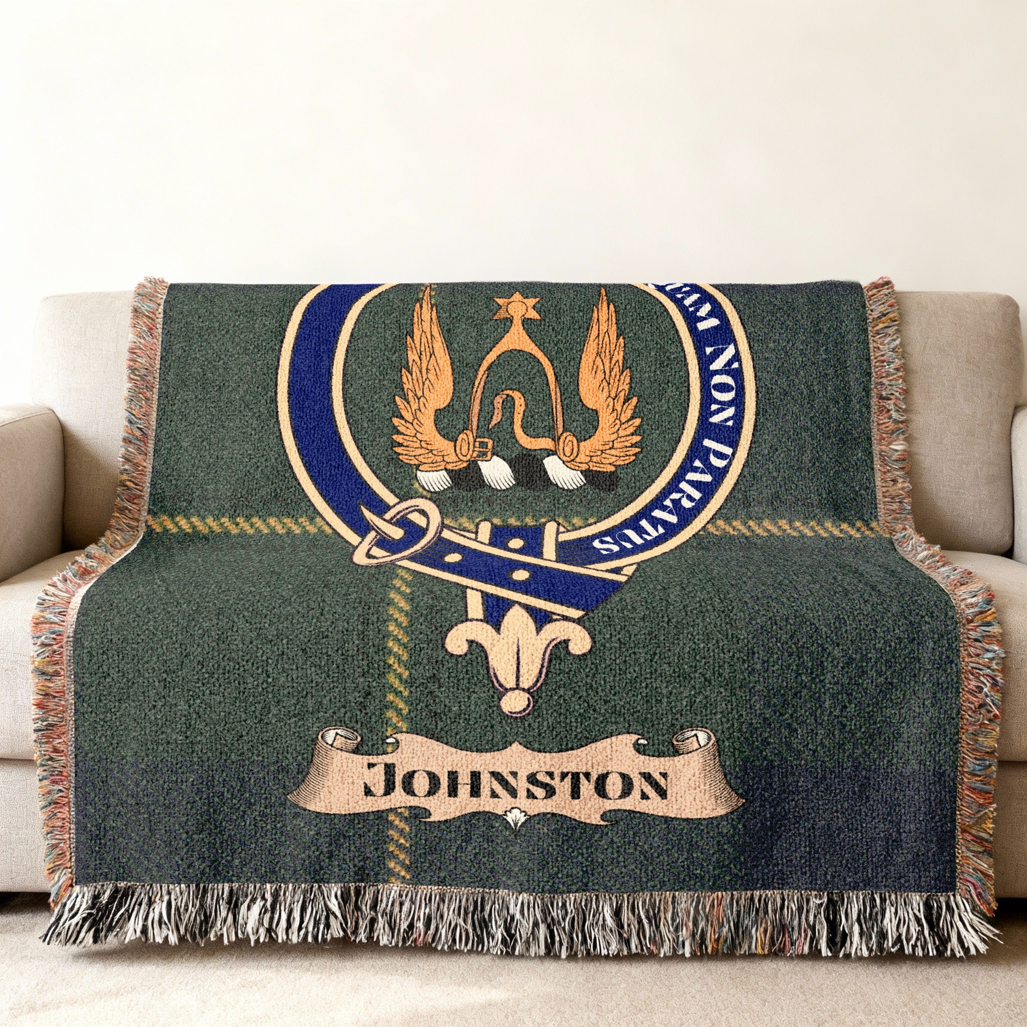 Johnston clan green tartan woven blanket with family crest