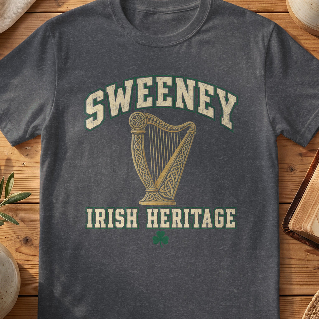 Sweeney Irish Heritage dark heather gray Gildan 64000 T-shirt with Celtic harp design