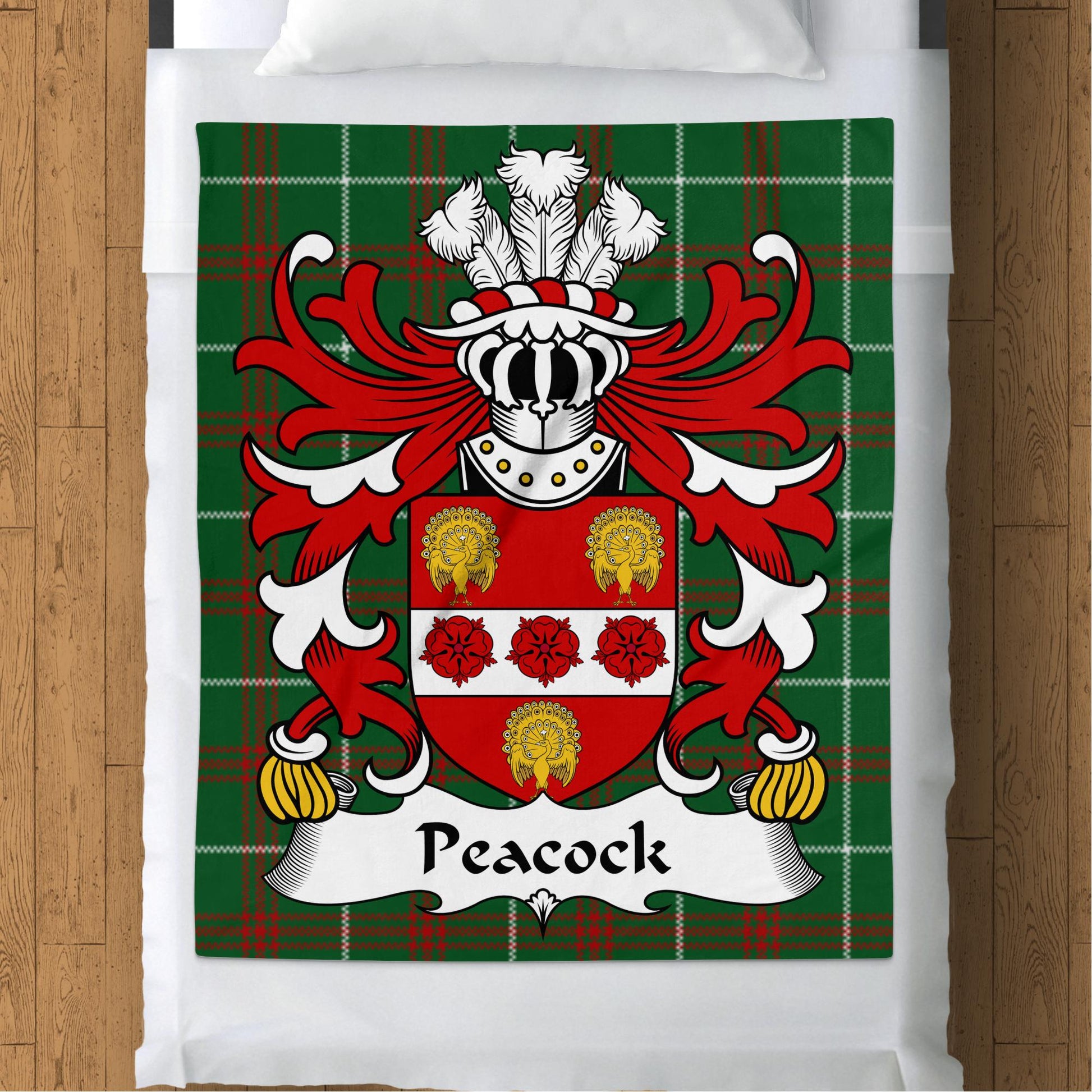 Peacock Welsh Surname Coat of Arms Tartan Background Blanket - Living Stone Gifts