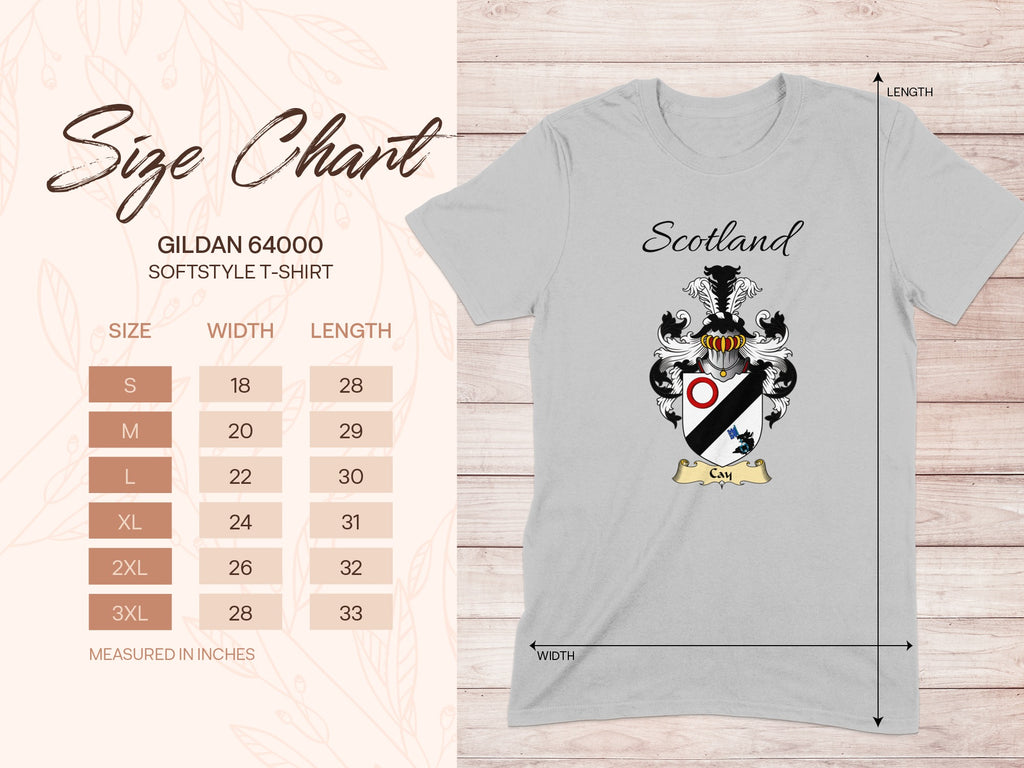 Gildan 64000 size chart for the Cay unisex T-shirt, sizes S to 3XL