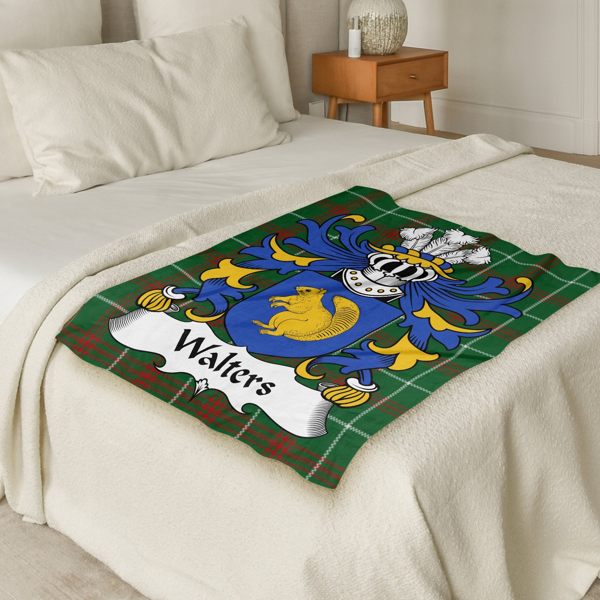 Walters Welsh Surname Coat of Arms on Tartan Background Blanket - Living Stone Gifts