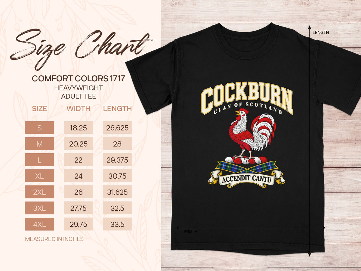 Comfort Colors 1717 size chart in inches with a black Cockburn clan crest T-shirt preview