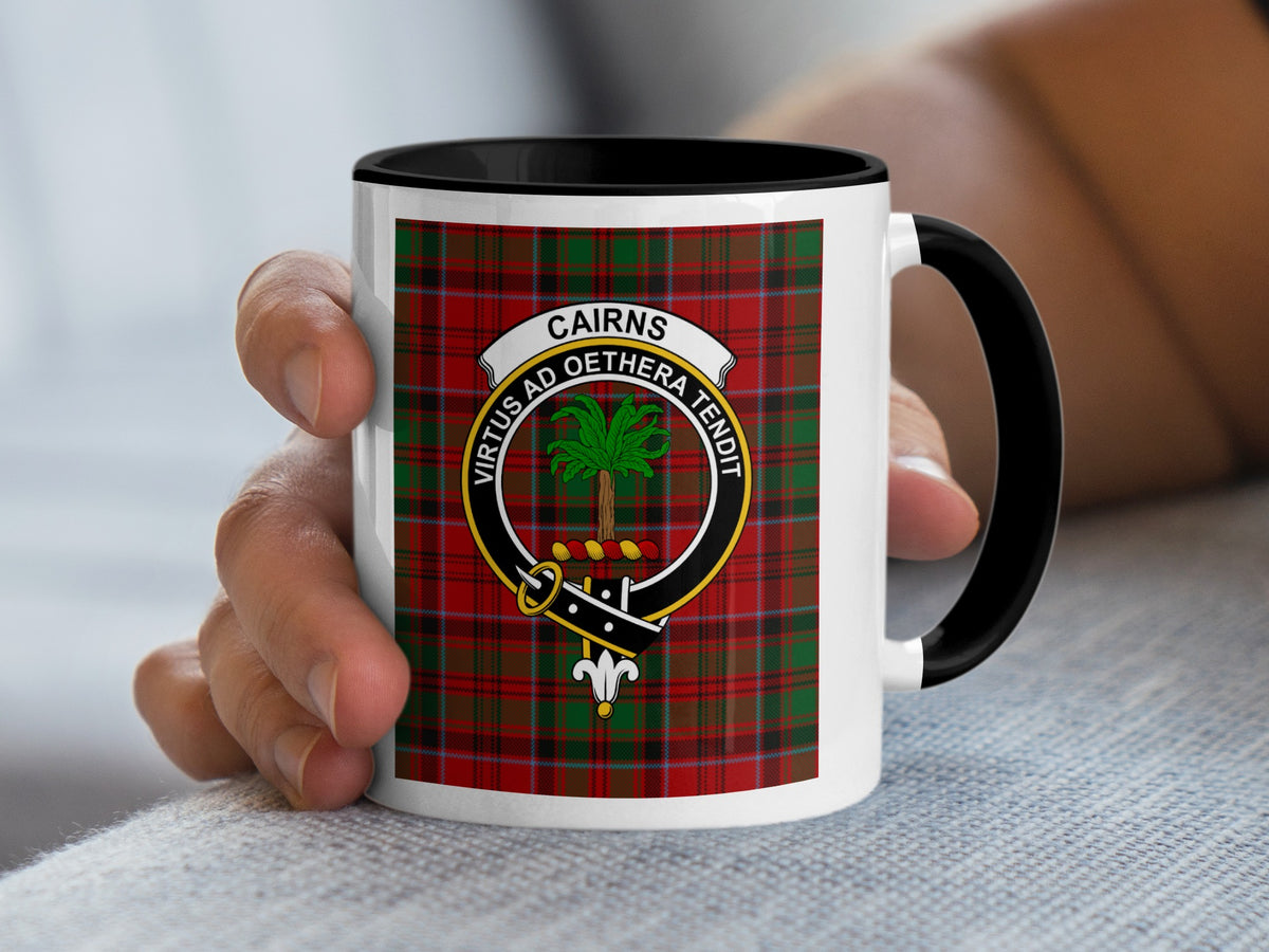 Cairns Scottish family crest artwork on an 11 oz black accent mug with a tartan background