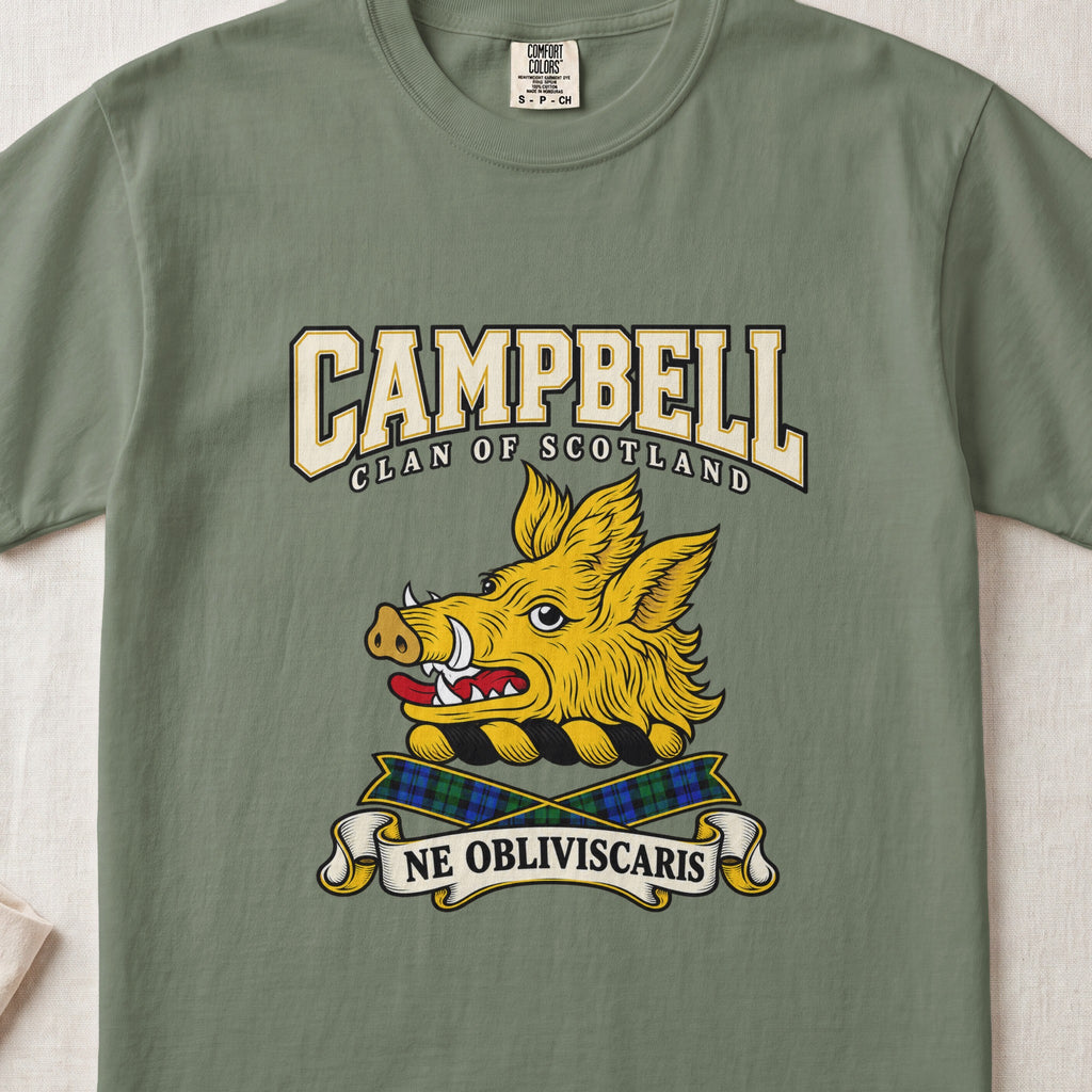 Campbell graphic T-shirt in Moss green, front flat lay showing varsity lettering and gold boar head with tusks and red tongue.