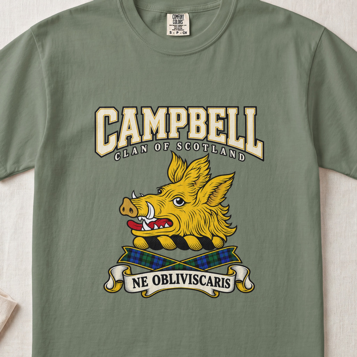 Campbell graphic T-shirt in Moss green, front flat lay showing varsity lettering and gold boar head with tusks and red tongue.