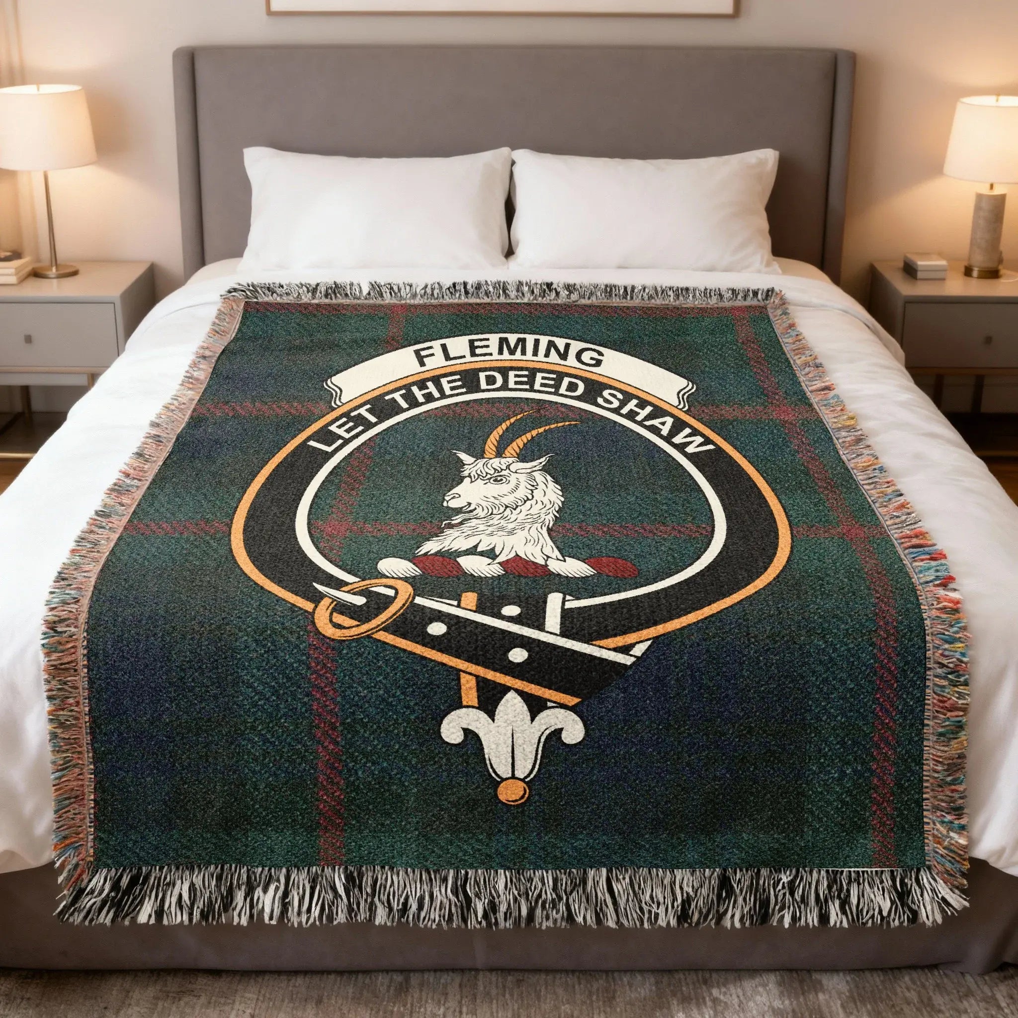 Clan Fleming tartan woven blanket — 100% cotton, full tartan pattern in woven construction