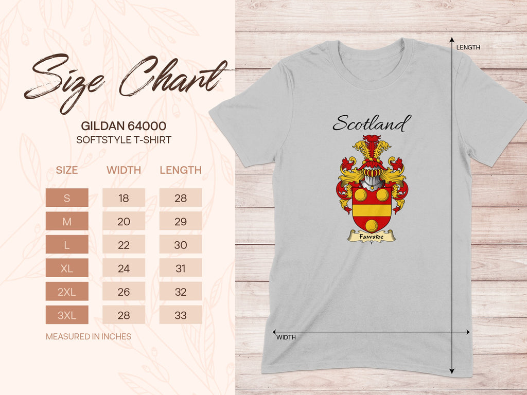 Gildan 64000 size chart for the Fawside unisex T-shirt, sizes S to 3XL