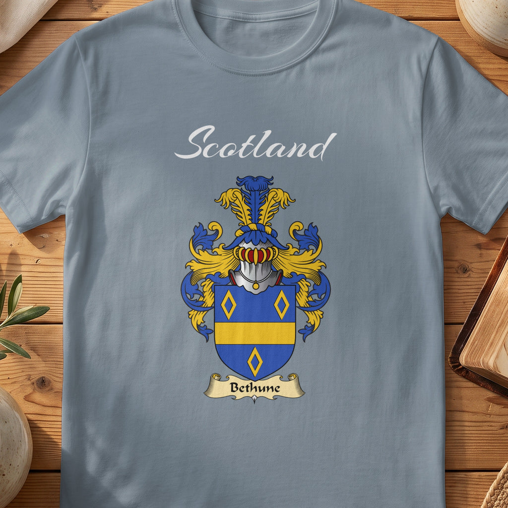 Bethune Scottish family shield T-shirt in Stone Blue