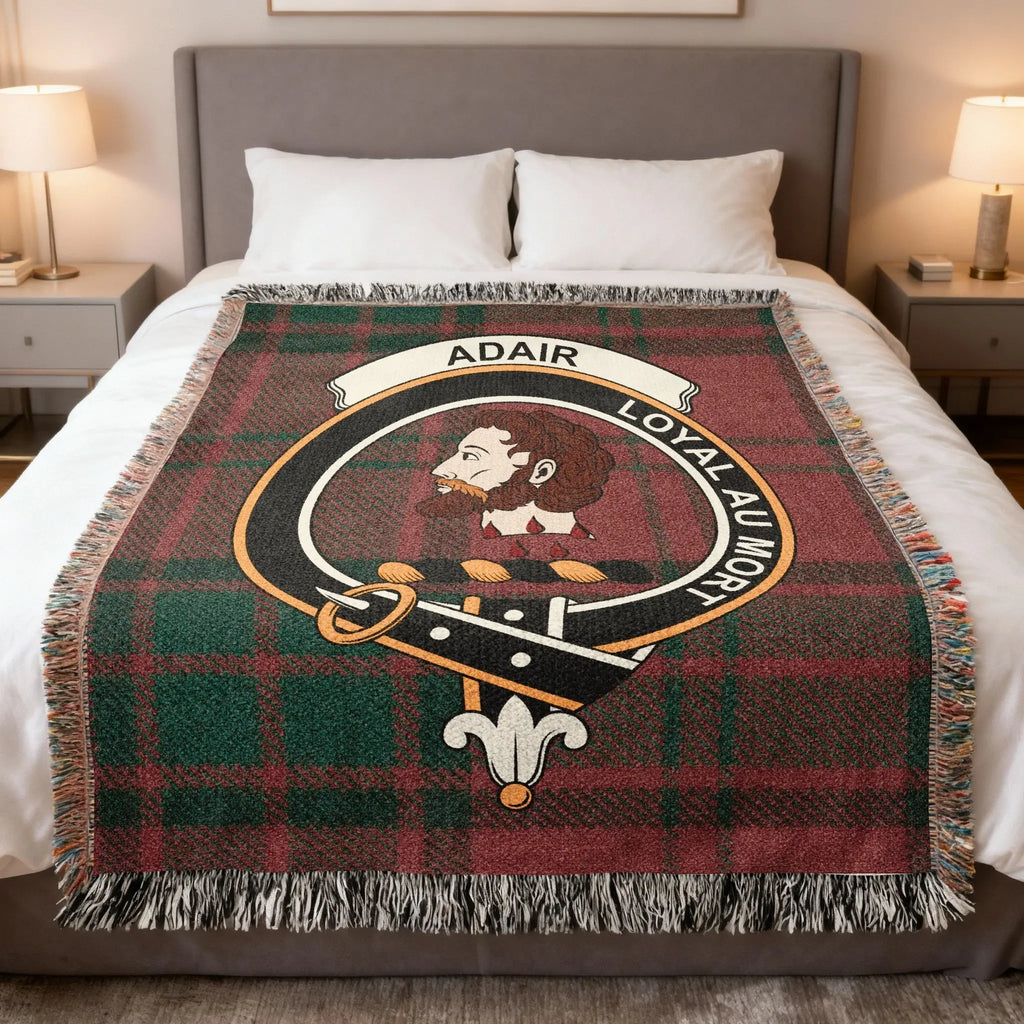 Clan Adair Loyal au Mort woven tartan blanket — crest in full colour, fringe border, 60" x 50"