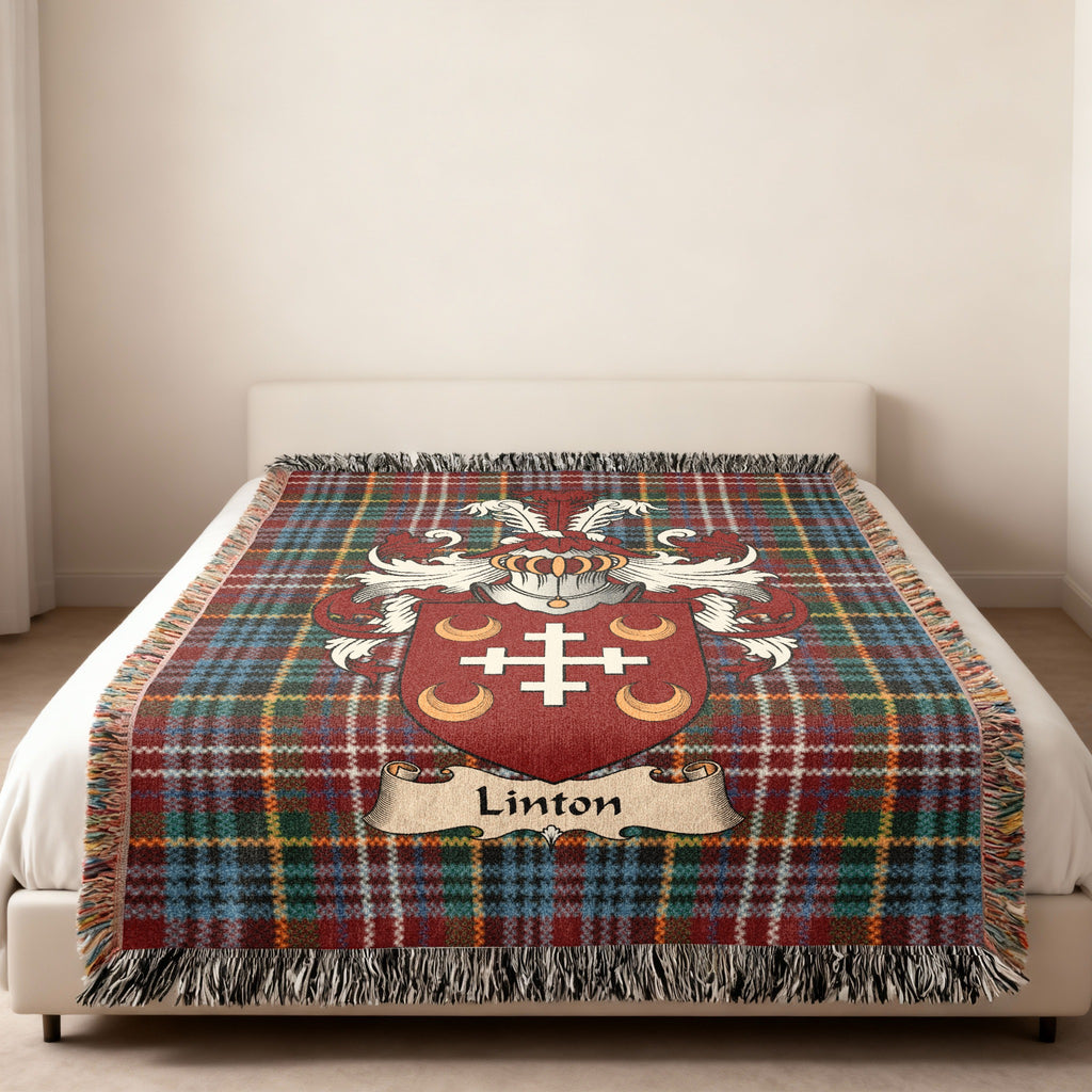 Linton Scottish family shield woven blanket on a Caledonia tartan background