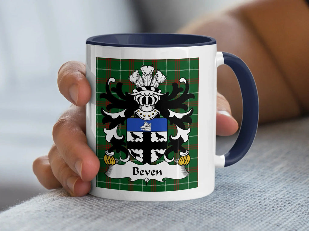 Beven Welsh family crest mug with navy accent and plaid tartan design