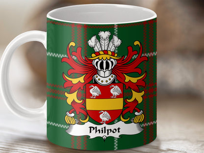 Philpot Surname Coat of Arms on National Tartan Mug - Living Stone Gifts