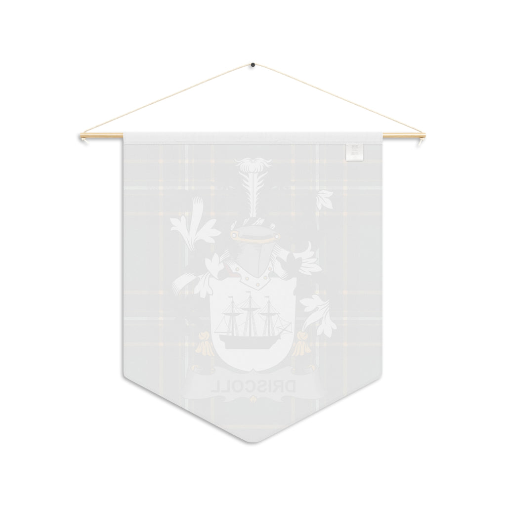 Tartan pennant with a coat of arms featuring a sailing ship and the name "DRISCOLL".