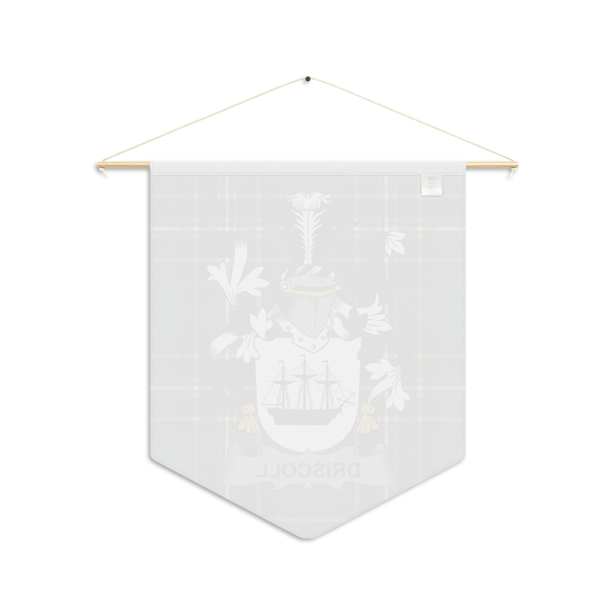 Tartan pennant with a coat of arms featuring a sailing ship and the name "DRISCOLL".