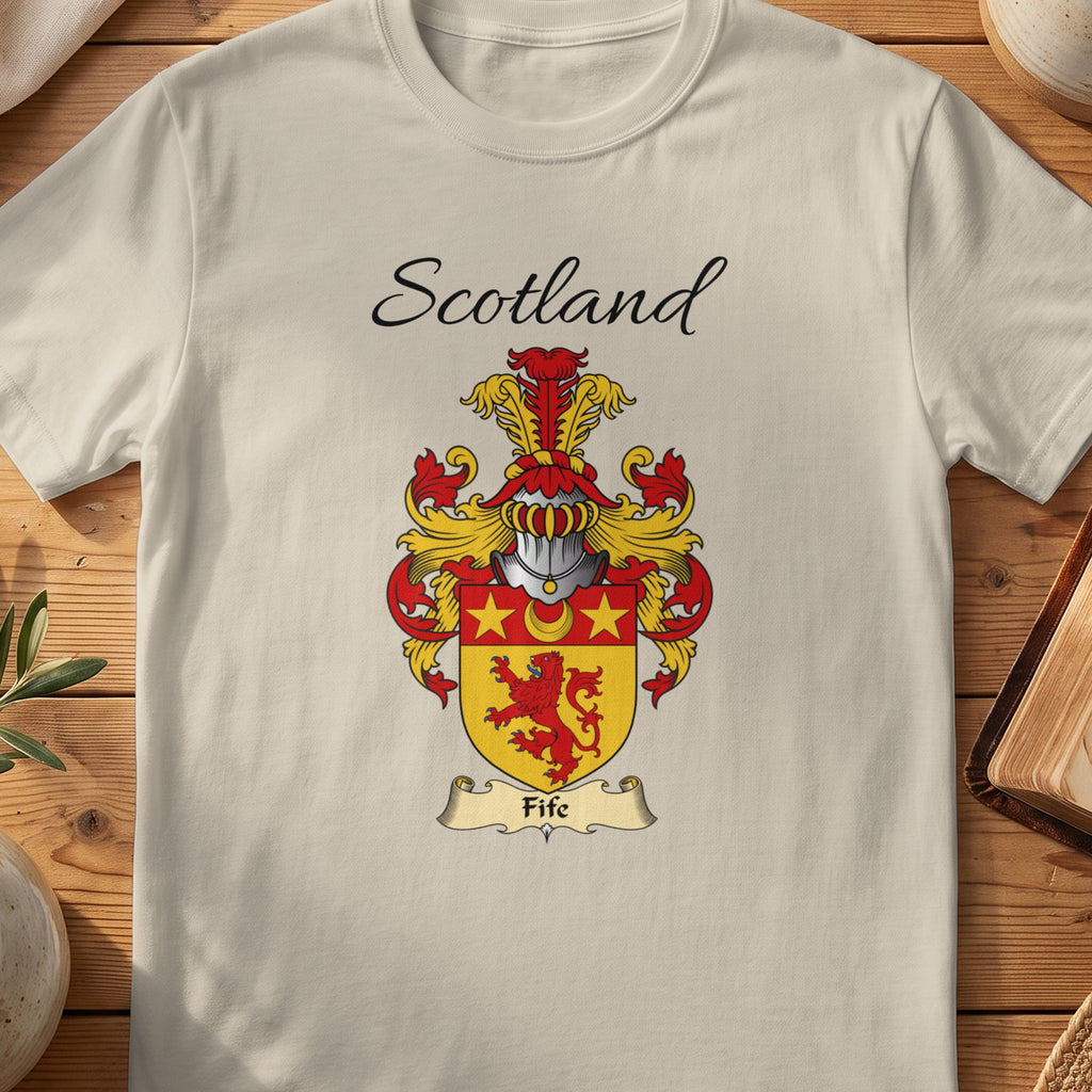 Sand Fife Scottish family shield T-shirt featuring a red lion beneath gold stars