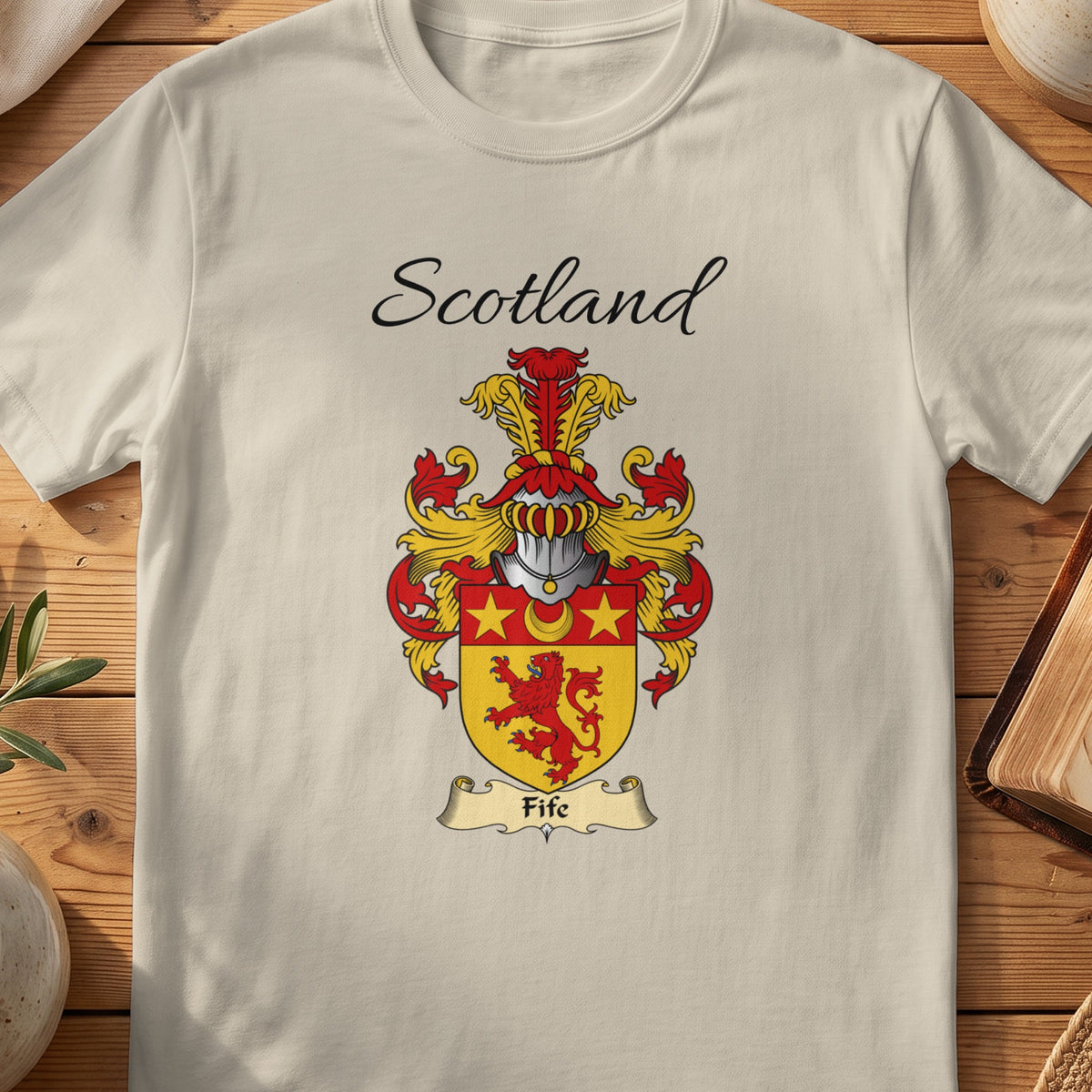 Sand Fife Scottish family shield T-shirt featuring a red lion beneath gold stars
