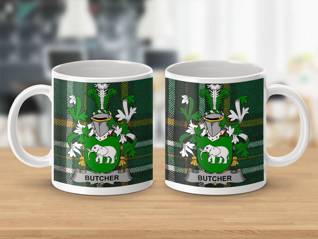 Butcher Surname Family Crest Irish Tartan Mug - Celtic Ancestry Gifts