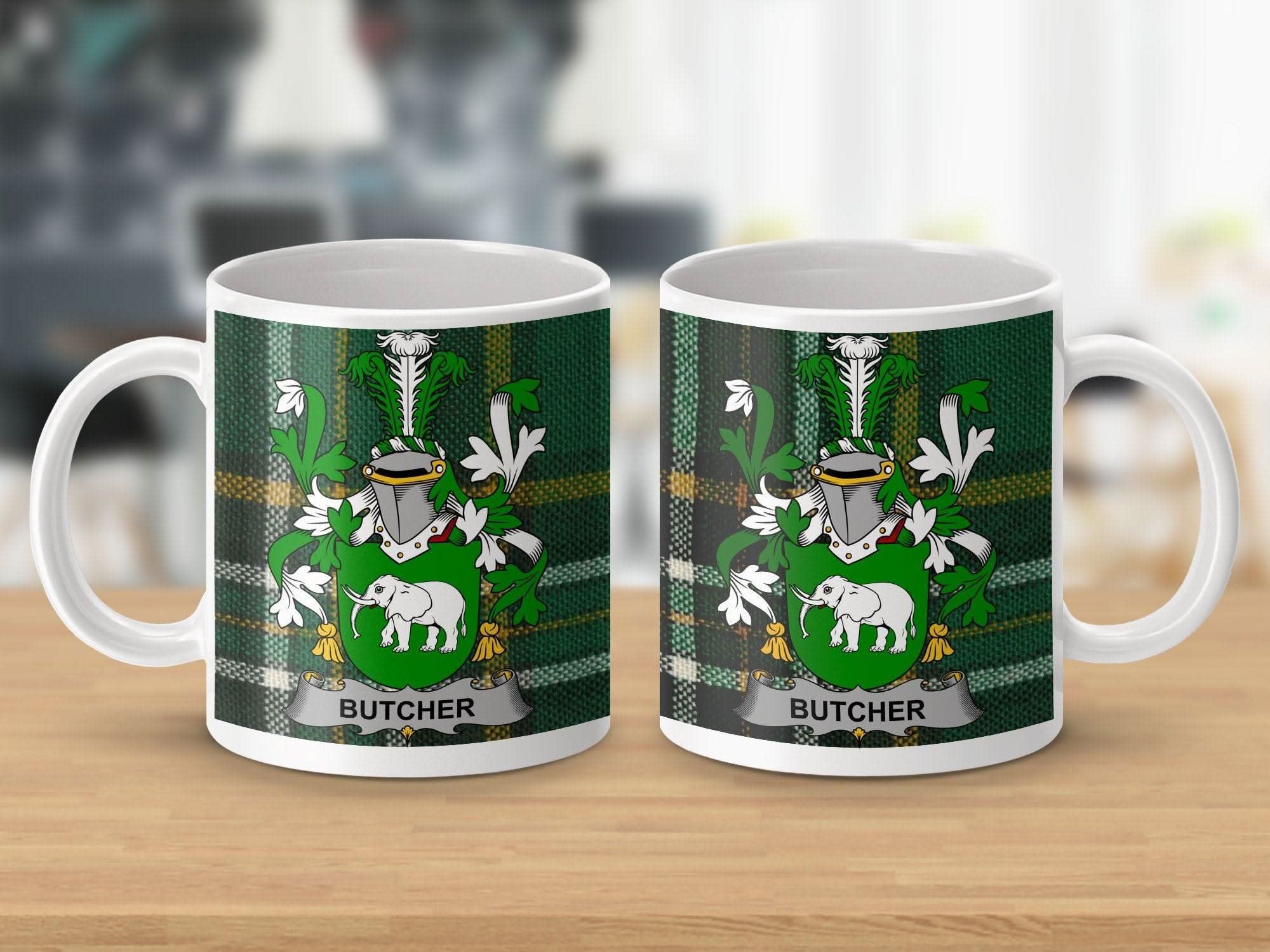 Butcher Surname Family Crest Irish Tartan Mug - Celtic Ancestry Gifts