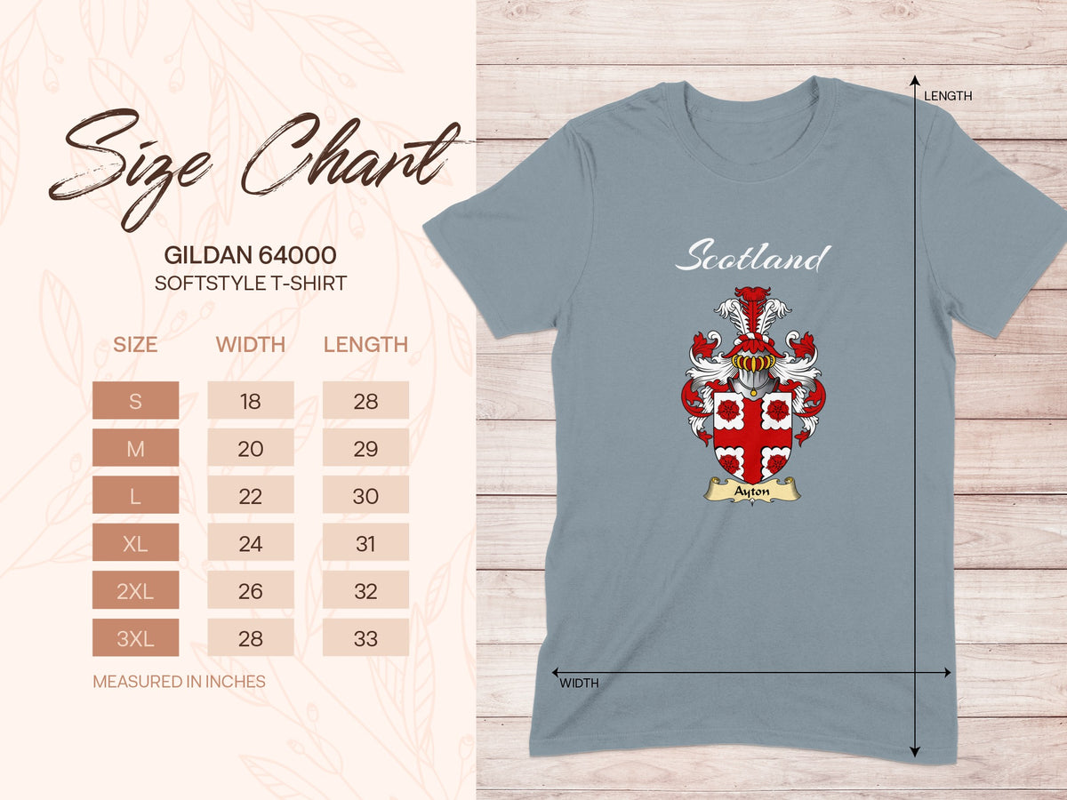 Gildan 64000 size chart for Ayton Scottish family shield T-shirt