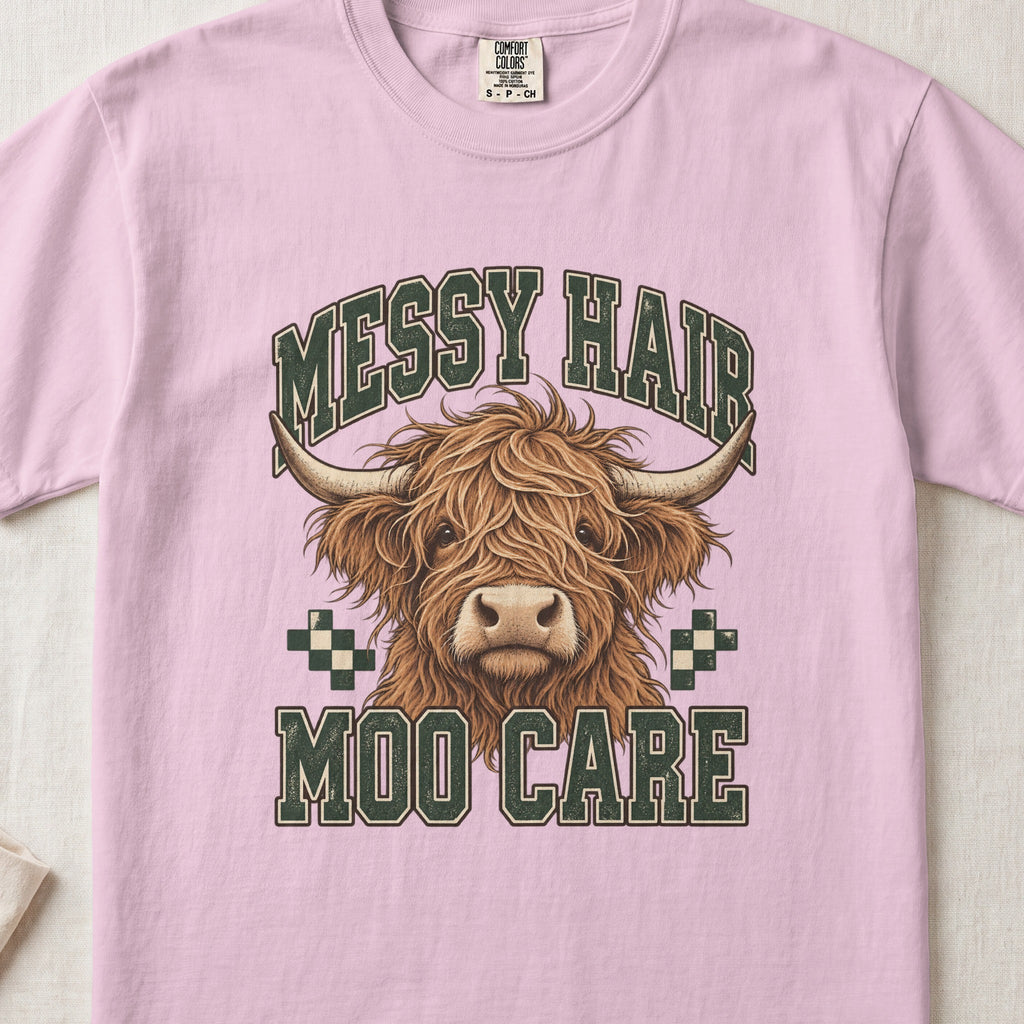 Messy Hair, Moo Care Highland cow design on a Blossom Comfort Colors 1717 T-shirt, flat lay