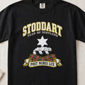Stoddart Scottish clan T-shirt in Black, front view with a white six-pointed star above clouds and motto design.