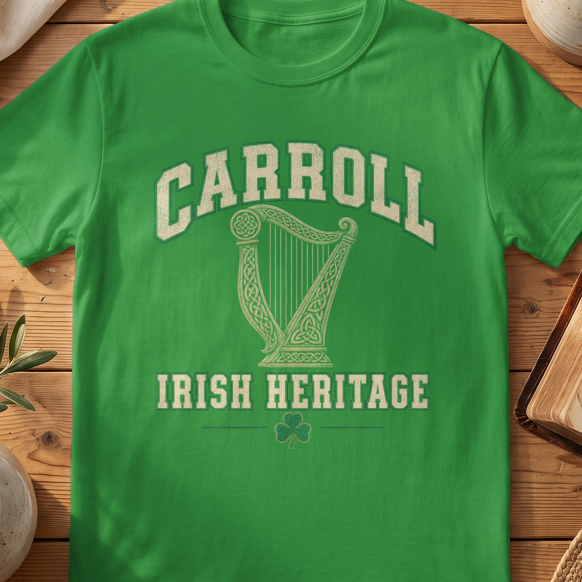 Carroll Irish Heritage green Gildan 64000 T-shirt with Celtic harp design
