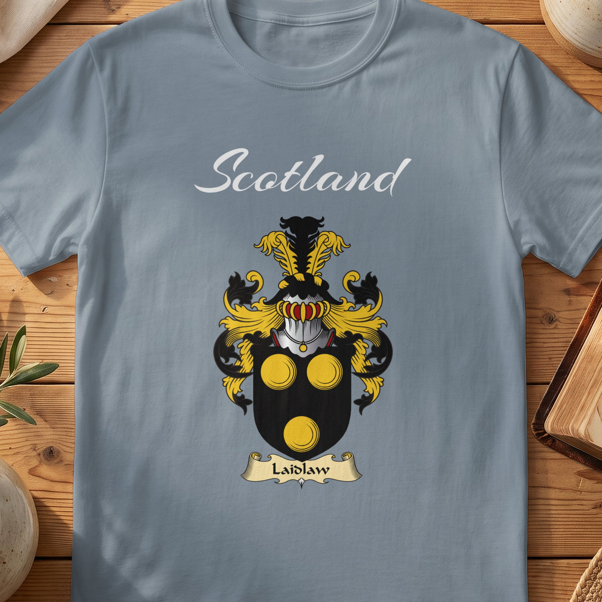 Laidlaw Scottish family shield T-shirt in Stone Blue