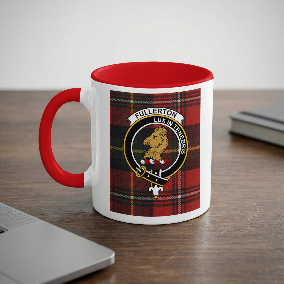 Fullerton Scottish family crest artwork on an 11 oz red accent mug with a tartan background