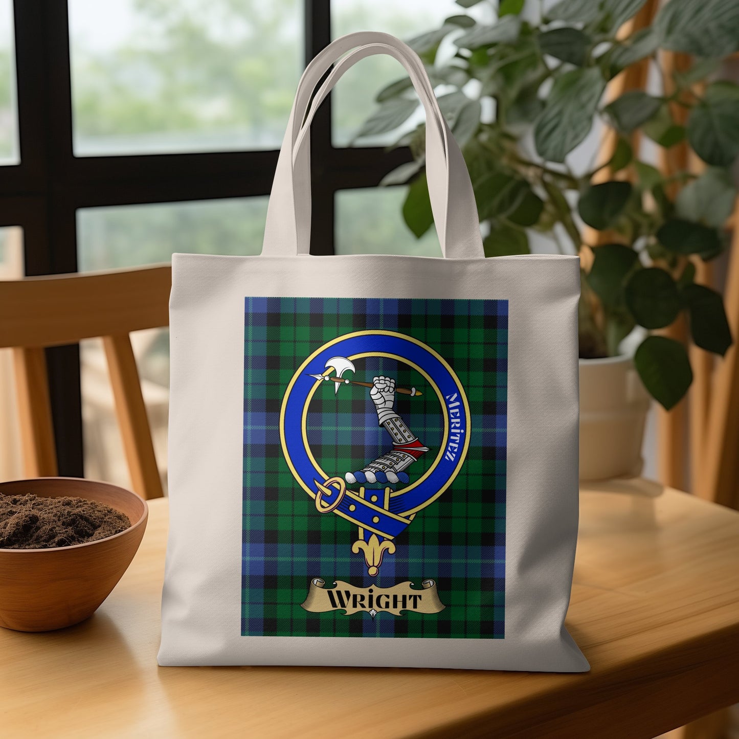 Scottish Clan Crest on Tartan Background Tote Bag - Living Stone Gifts