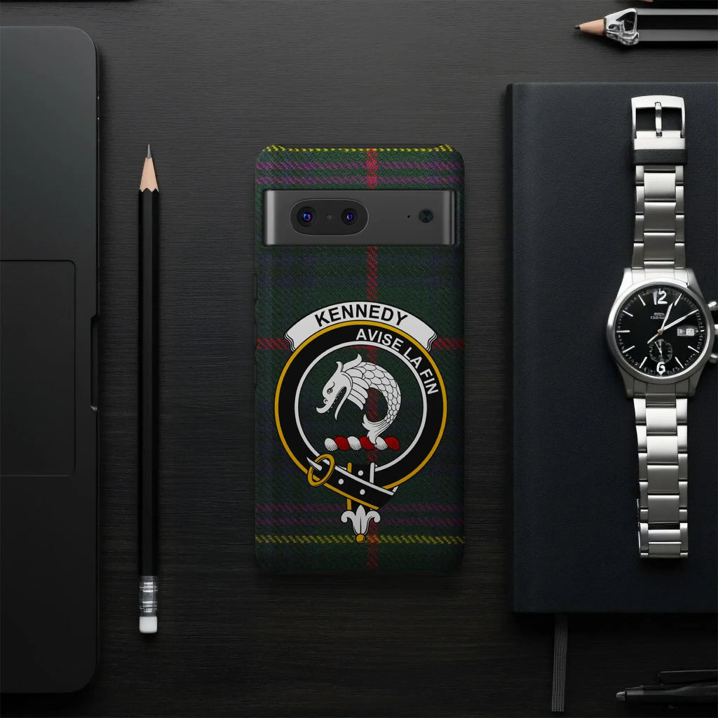 Kennedy Avise La Fin tartan phone case flat lay — full Consider the End clan crest design visible