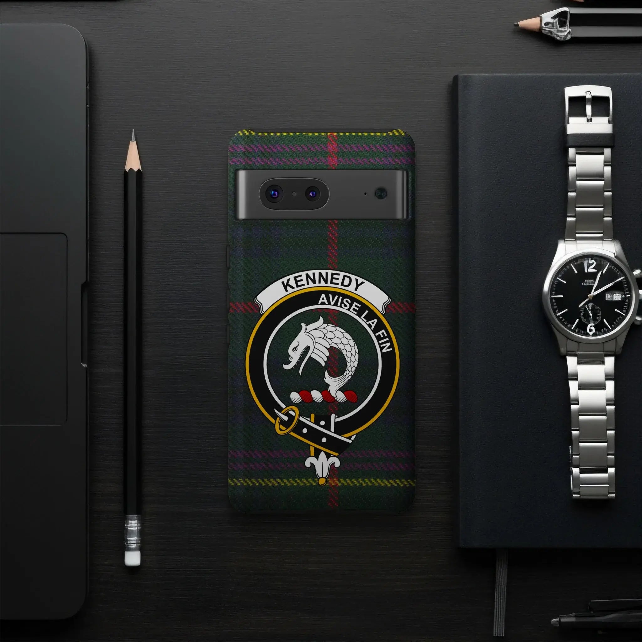 Kennedy Avise La Fin tartan phone case flat lay — full Consider the End clan crest design visible