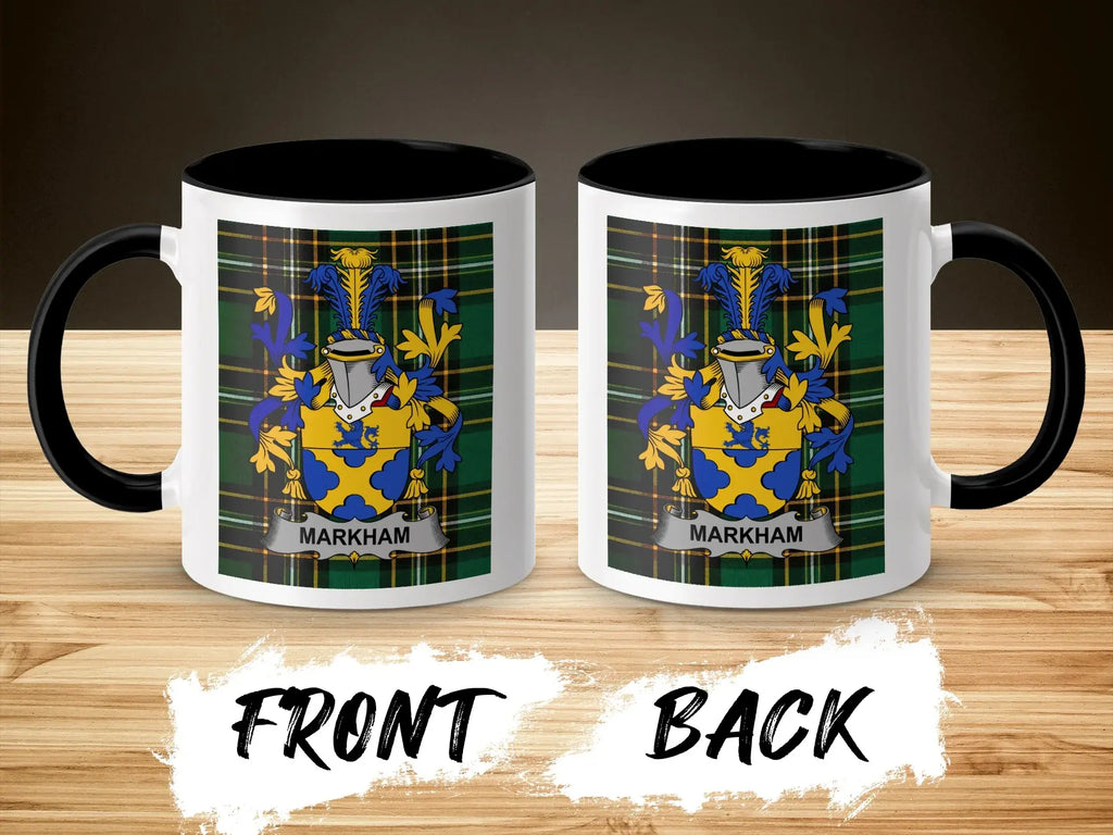 Two mugs featuring the Markham coat of arms on a plaid background.