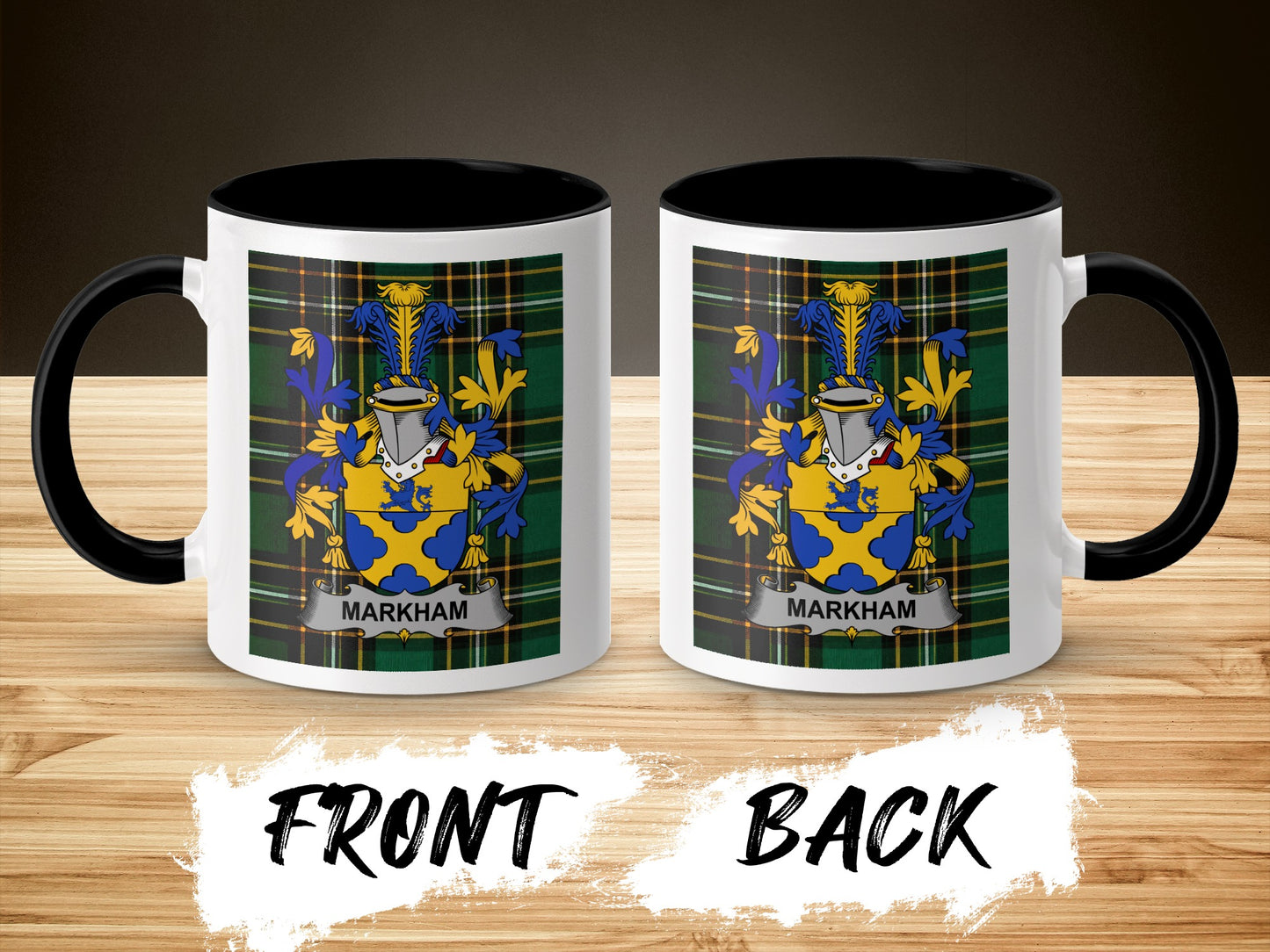 Two mugs featuring the Markham coat of arms on a plaid background.