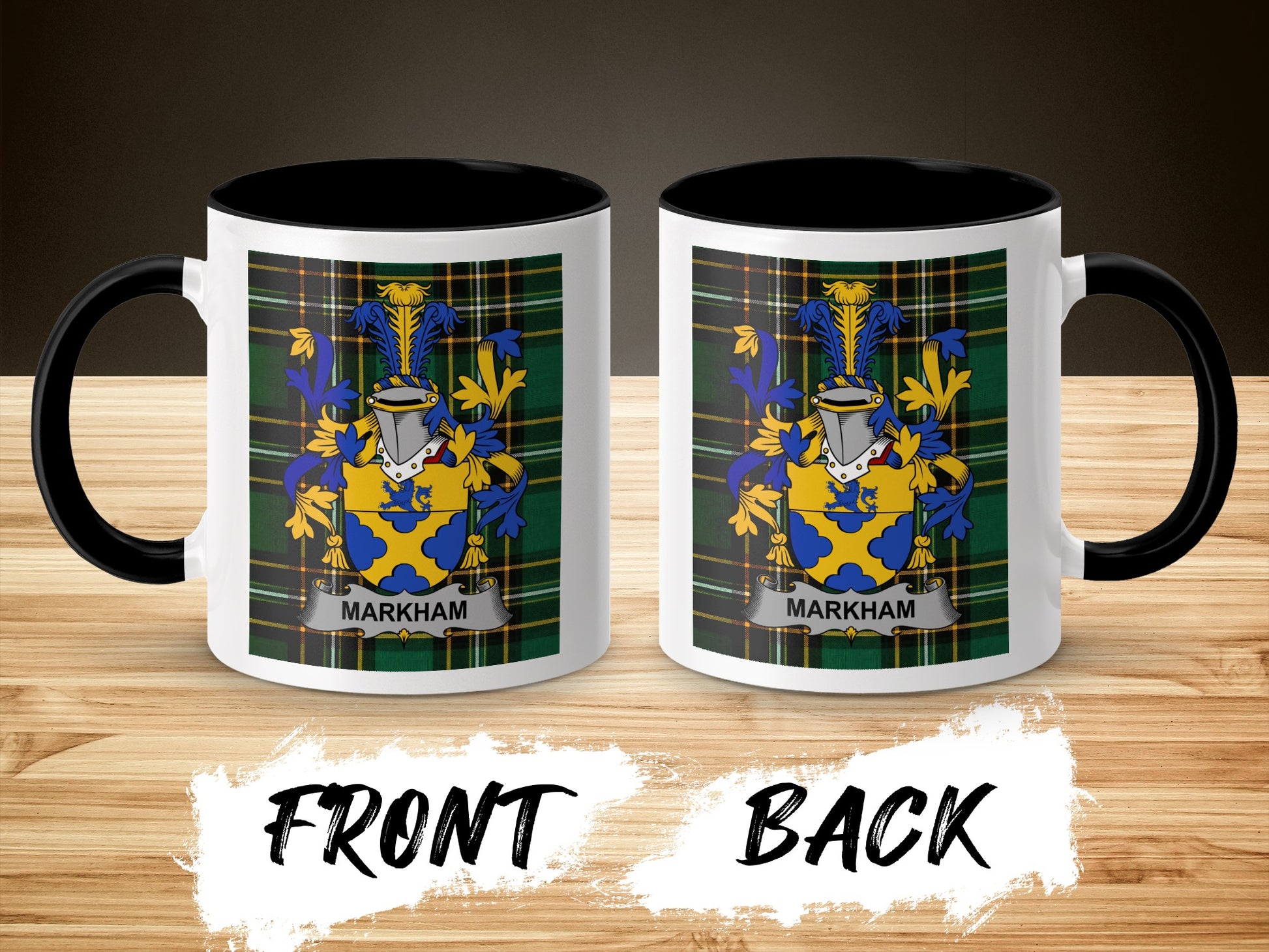 Two mugs featuring the Markham coat of arms on a plaid background.