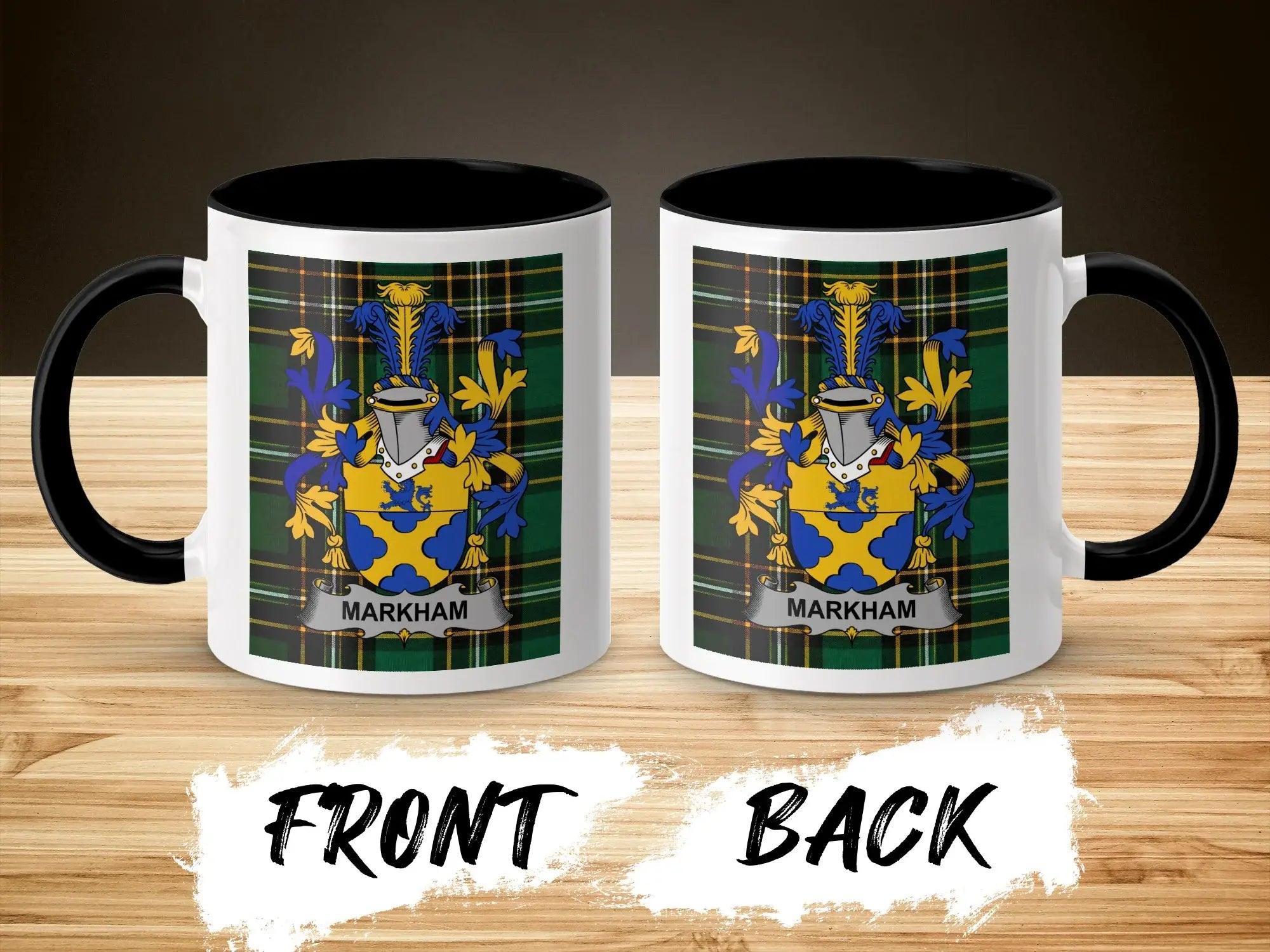 Two mugs featuring the Markham coat of arms on a plaid background.