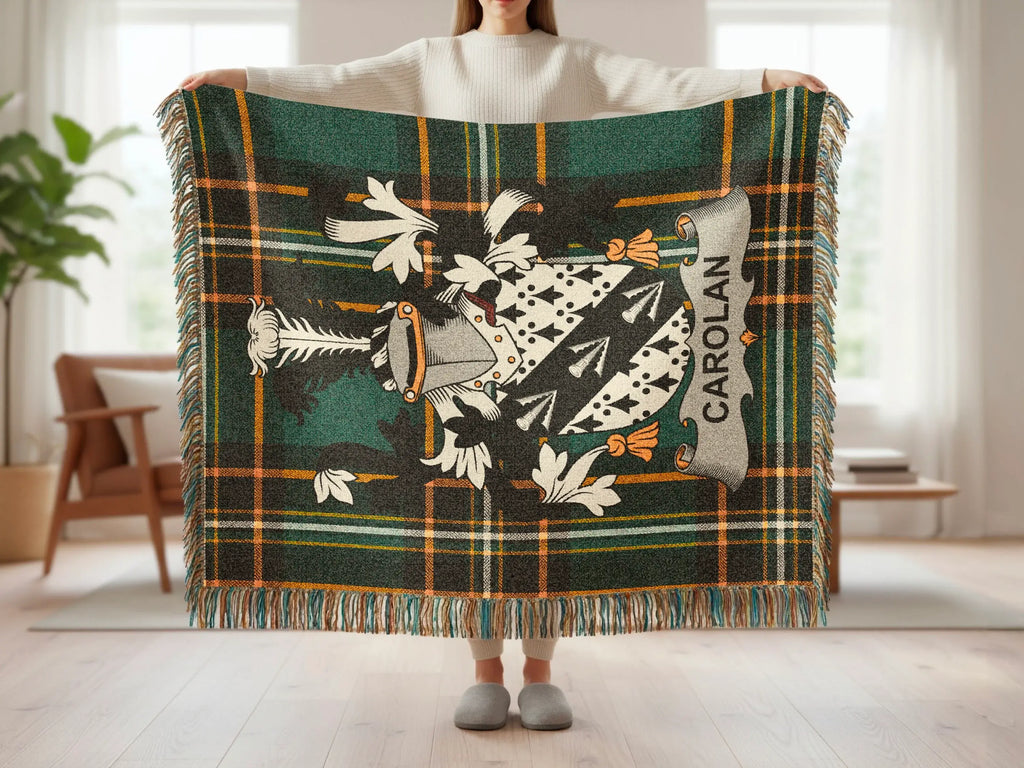 Carolan Crest Dark Green Tartan Fringed Blanket product type