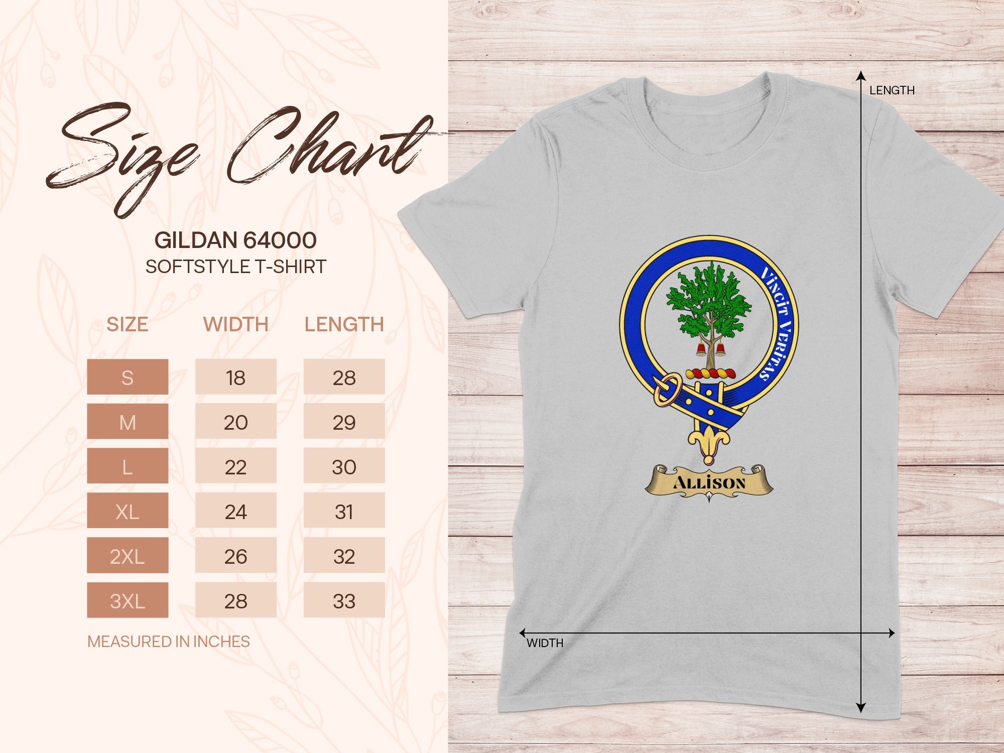 Gildan 64000 size chart for Allison Scottish clan crest T-shirt